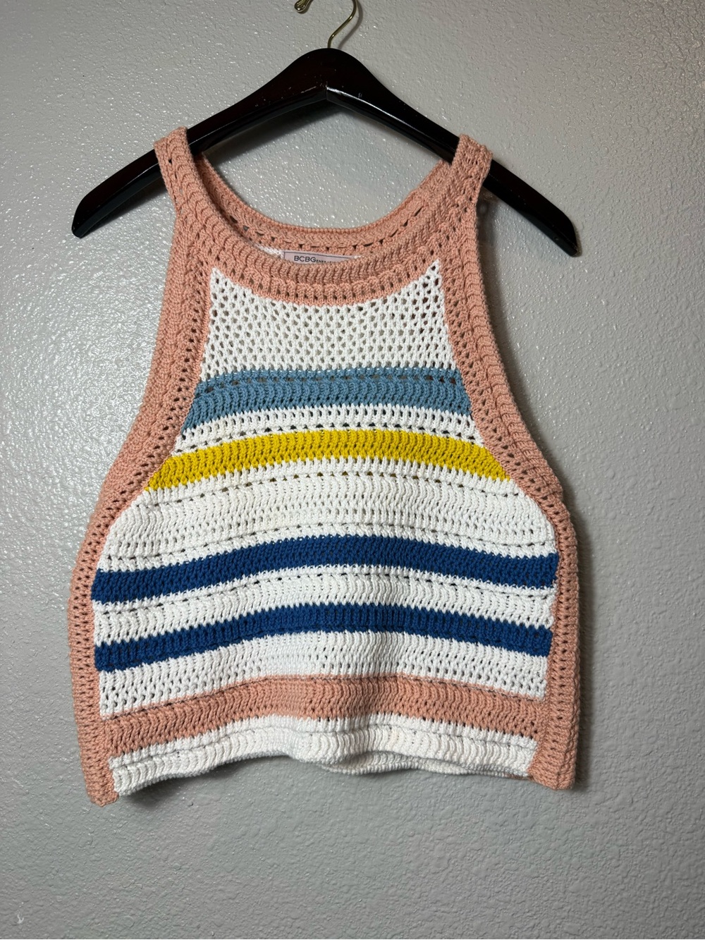 BCBGeneration Pink-Trim Striped Cotton Crochet Crop Tank Top Size M